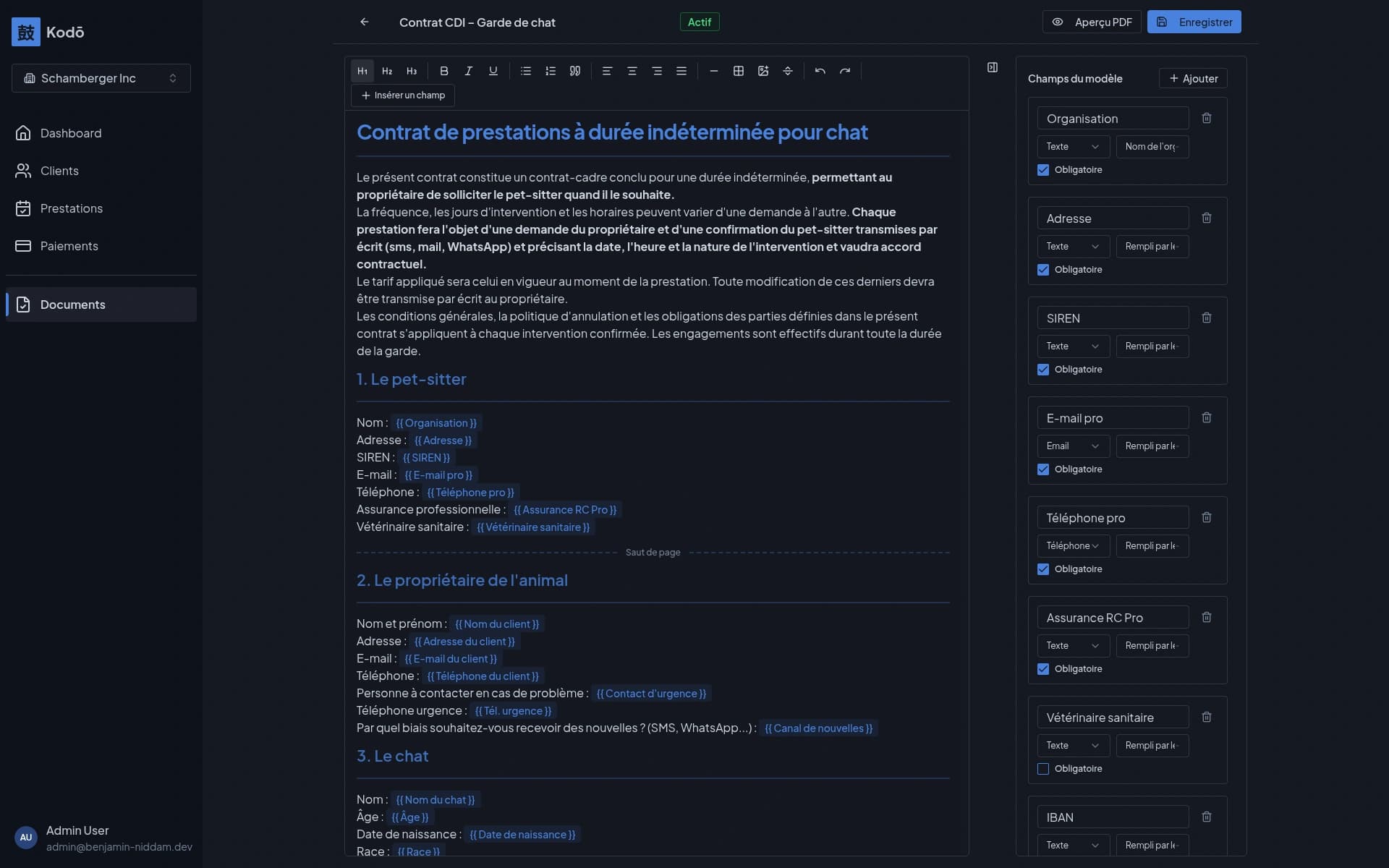 Création de document Kodo depuis un template avec génération PDF et signature