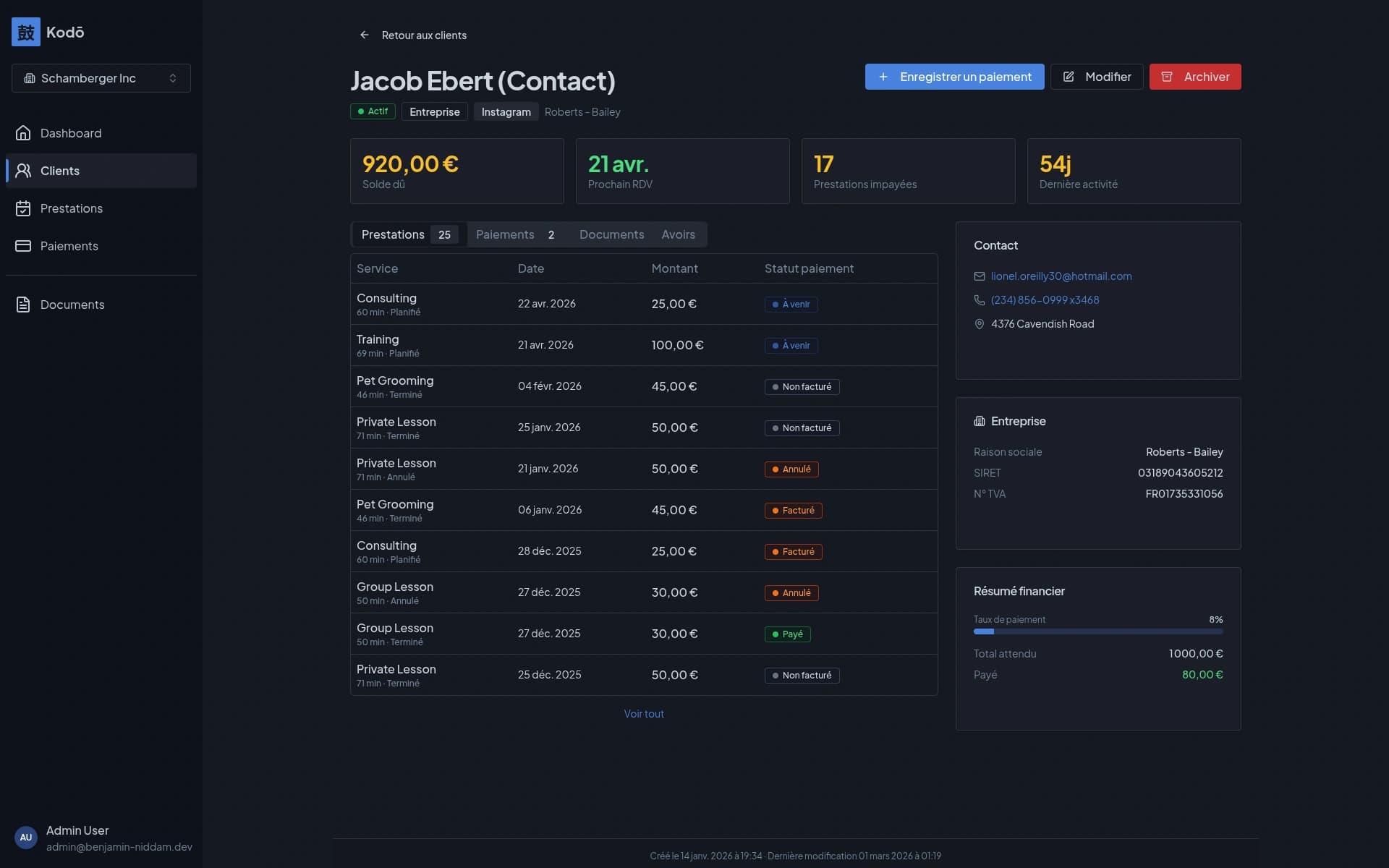 Fiche client Kodo avec coordonnées, historique des prestations et suivi des paiements
