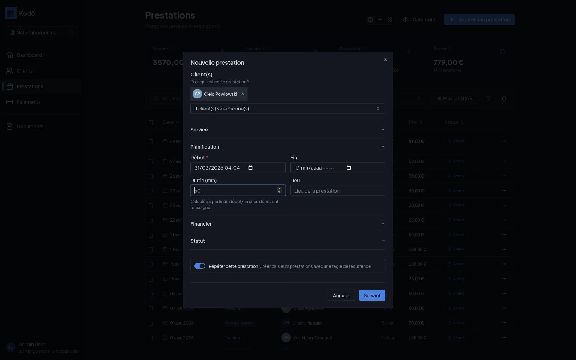 Liste des prestations Kodo avec statut, client et montant